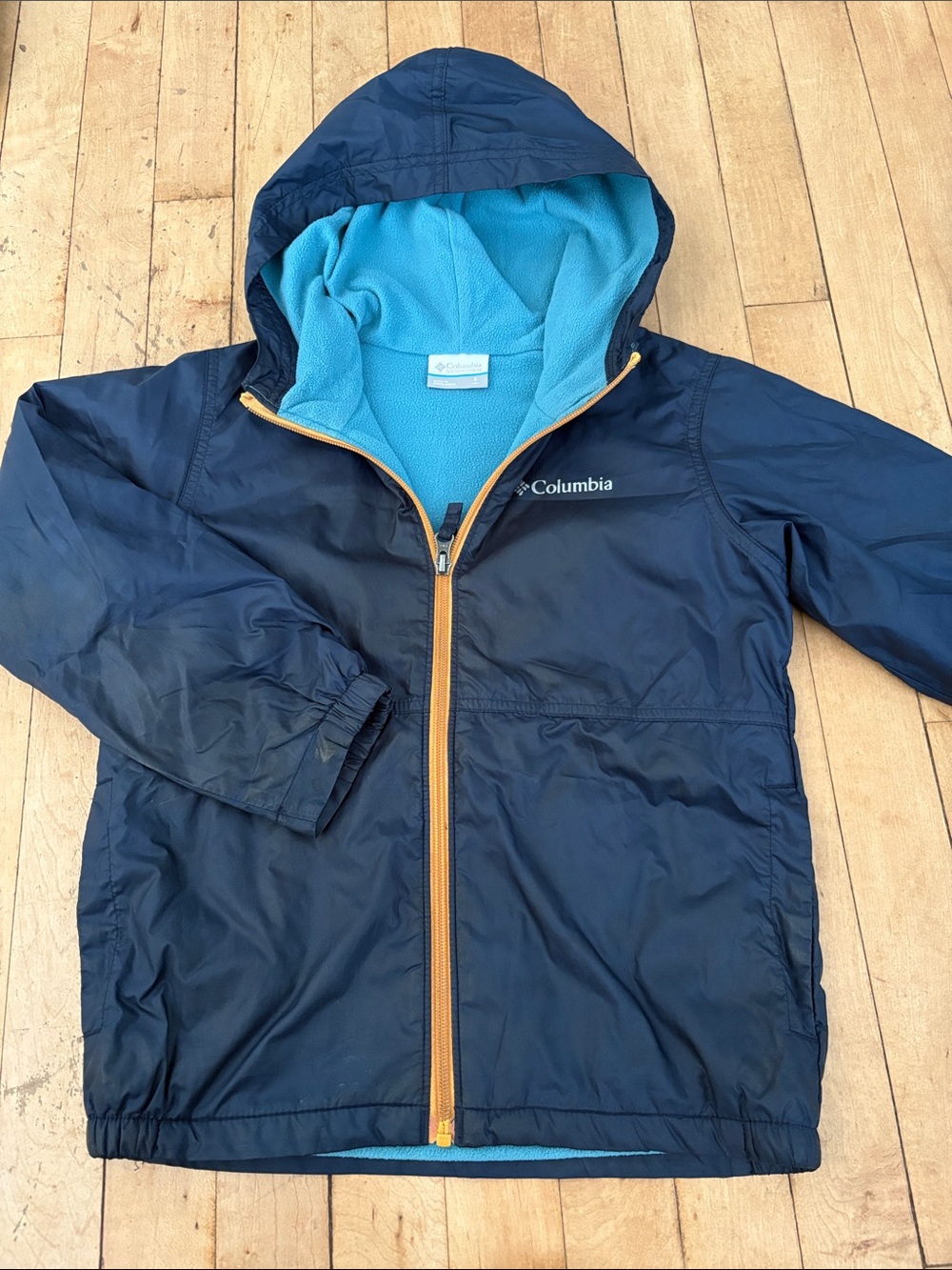 Columbia Navy Jacket with Teal Lining and Yellow Zipper
